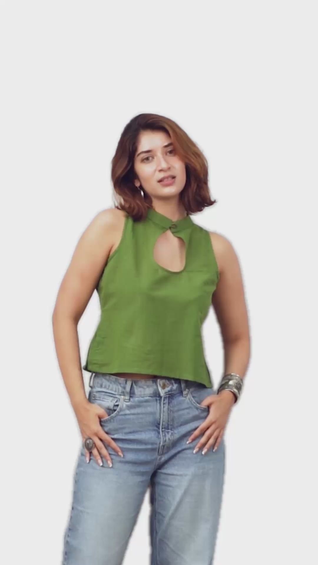 Olive Green Cotton High-Neck Keyhole Crop Top - Sleeveless Ethnic Tunic