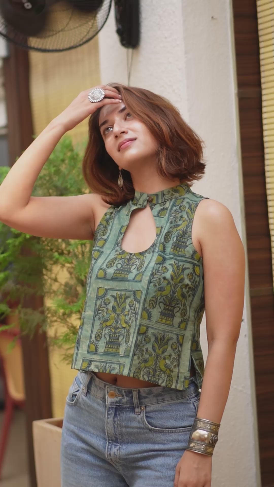 Peacock Pichwai Blue-Green Cotton Keyhole Top - Sleeveless Ethnic Crop Tunic