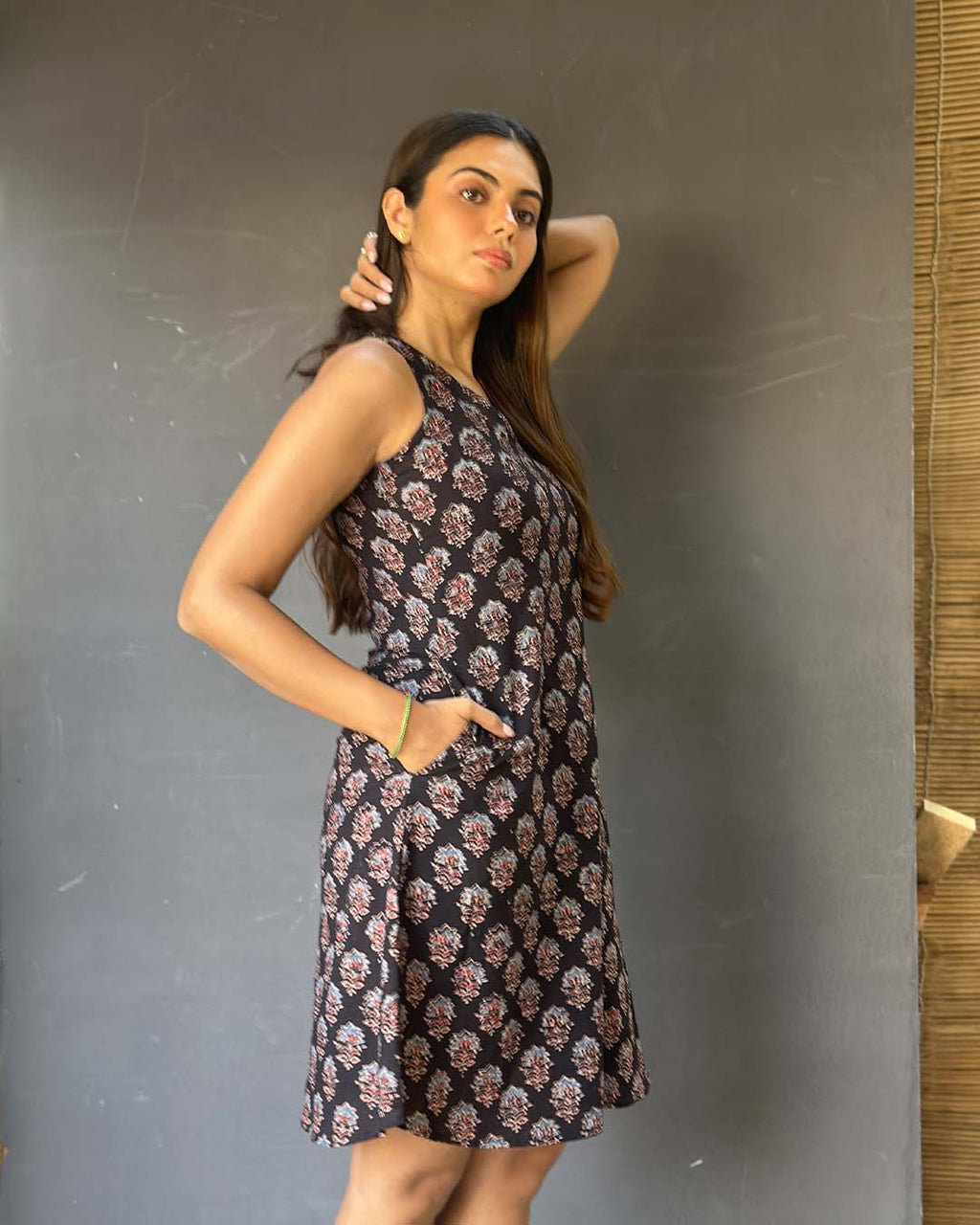 Halter Neck Racerback Dress with Pockets Blue Geometric