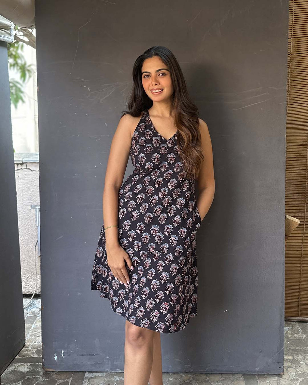 Halter Neck Racerback Dress with Pockets Blue Geometric