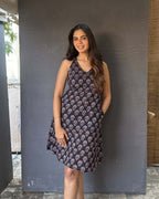 Halter Neck Racerback Dress with Pockets Blue Geometric