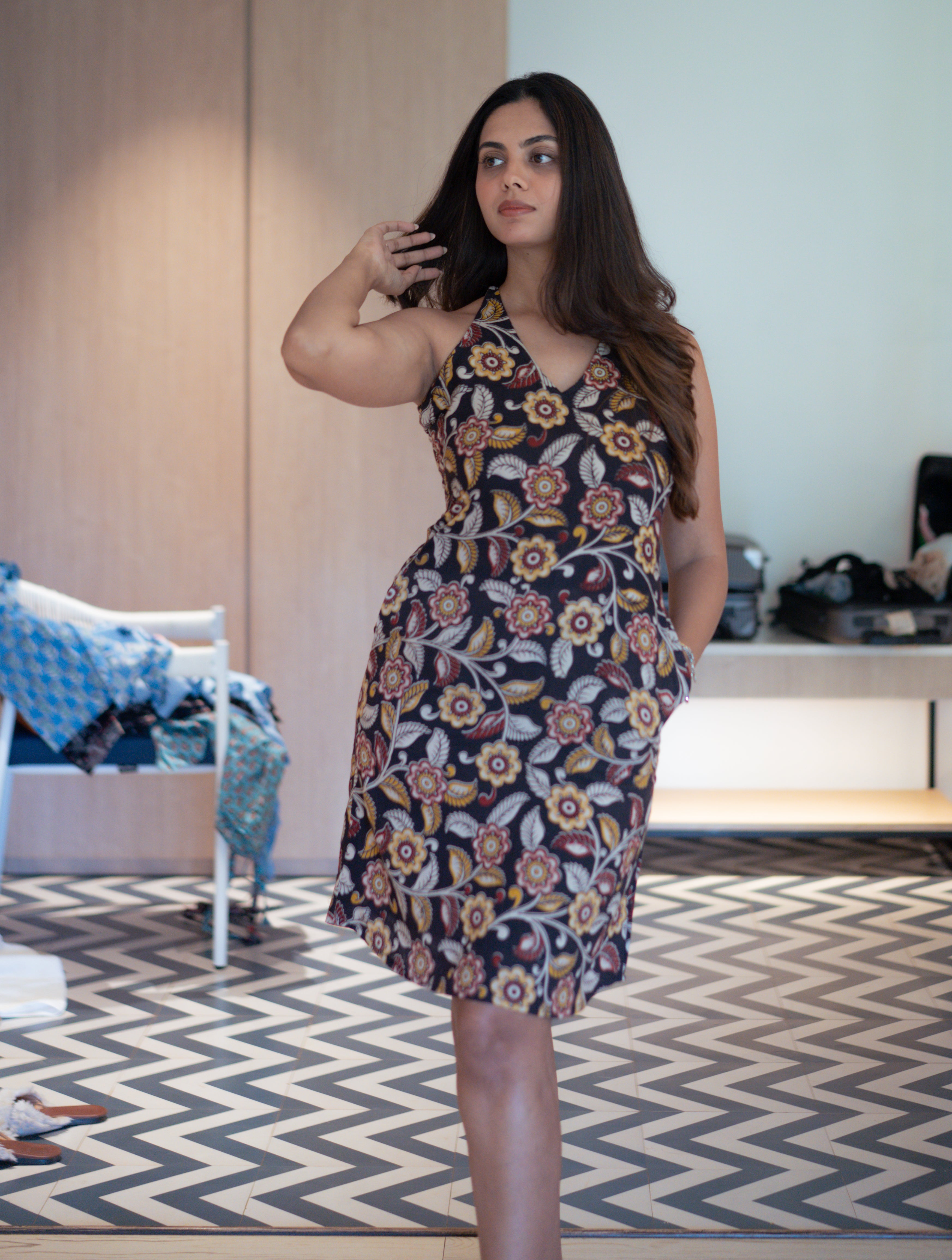 Halter Neck Racerback Dress with Pockets Midnight Bloom